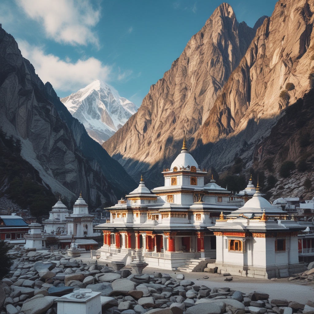 Gangotri temple surrounded by mountains during the daytime
