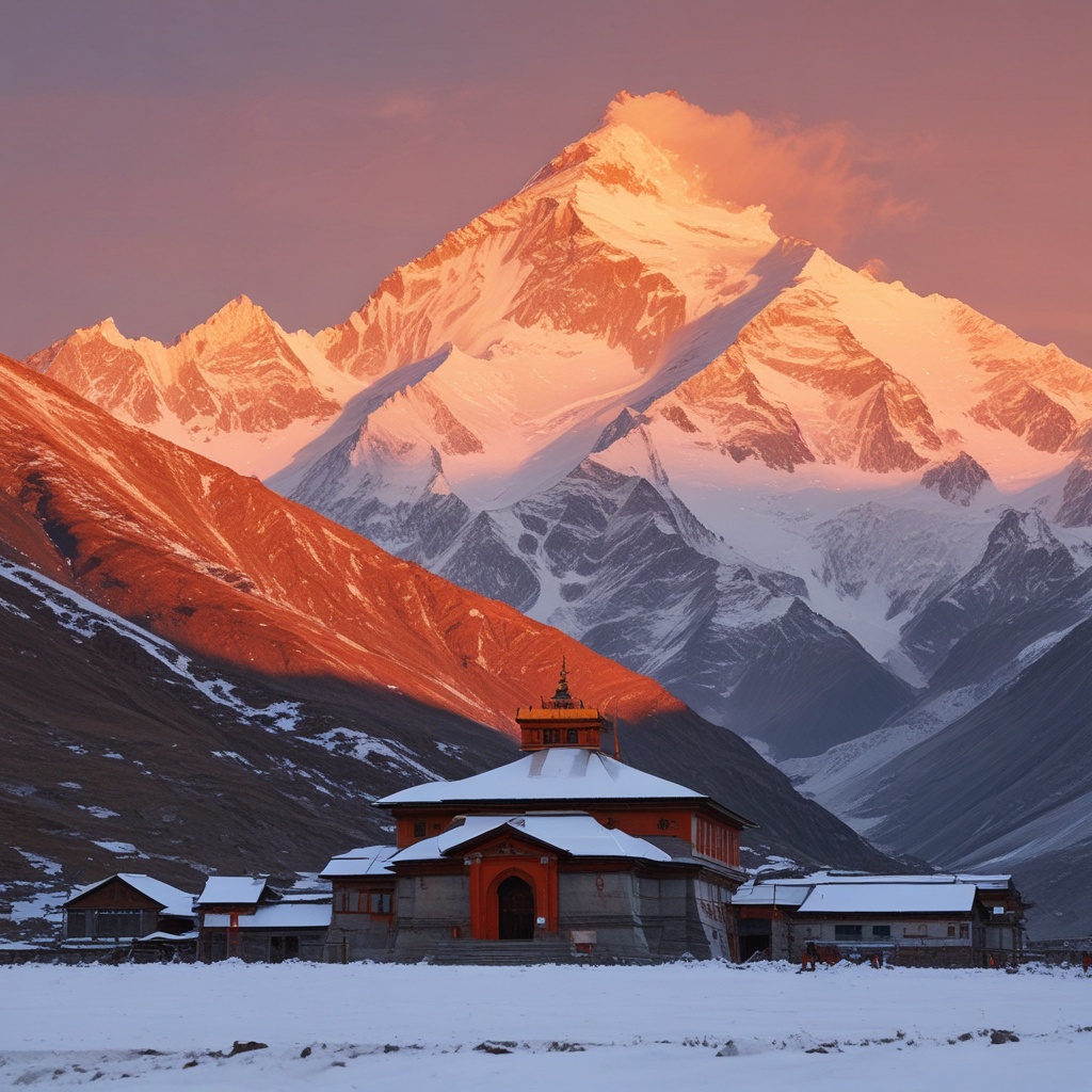 Kedarnath temple during sunset with an orange hue over the snow capped peak