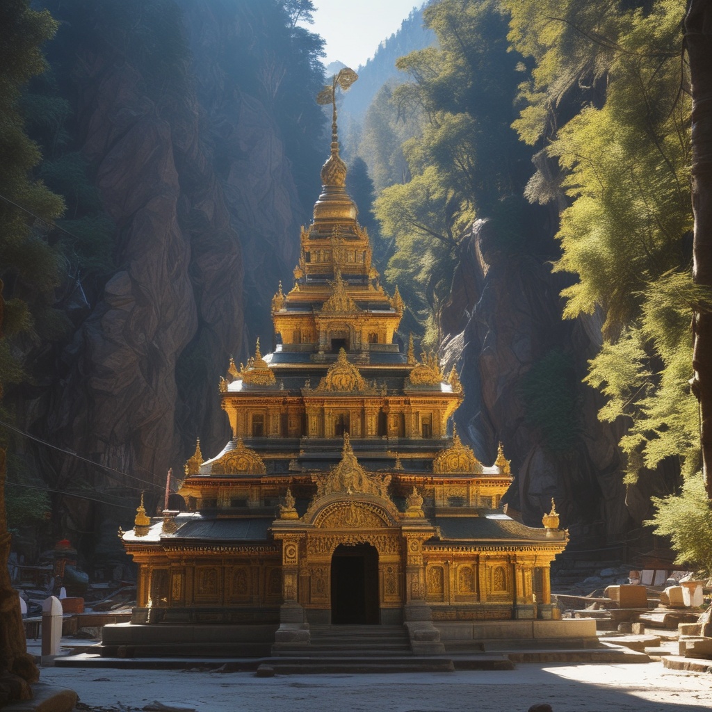 Yamunotri sanctuary with sunlight filtering through the temple's golden spire